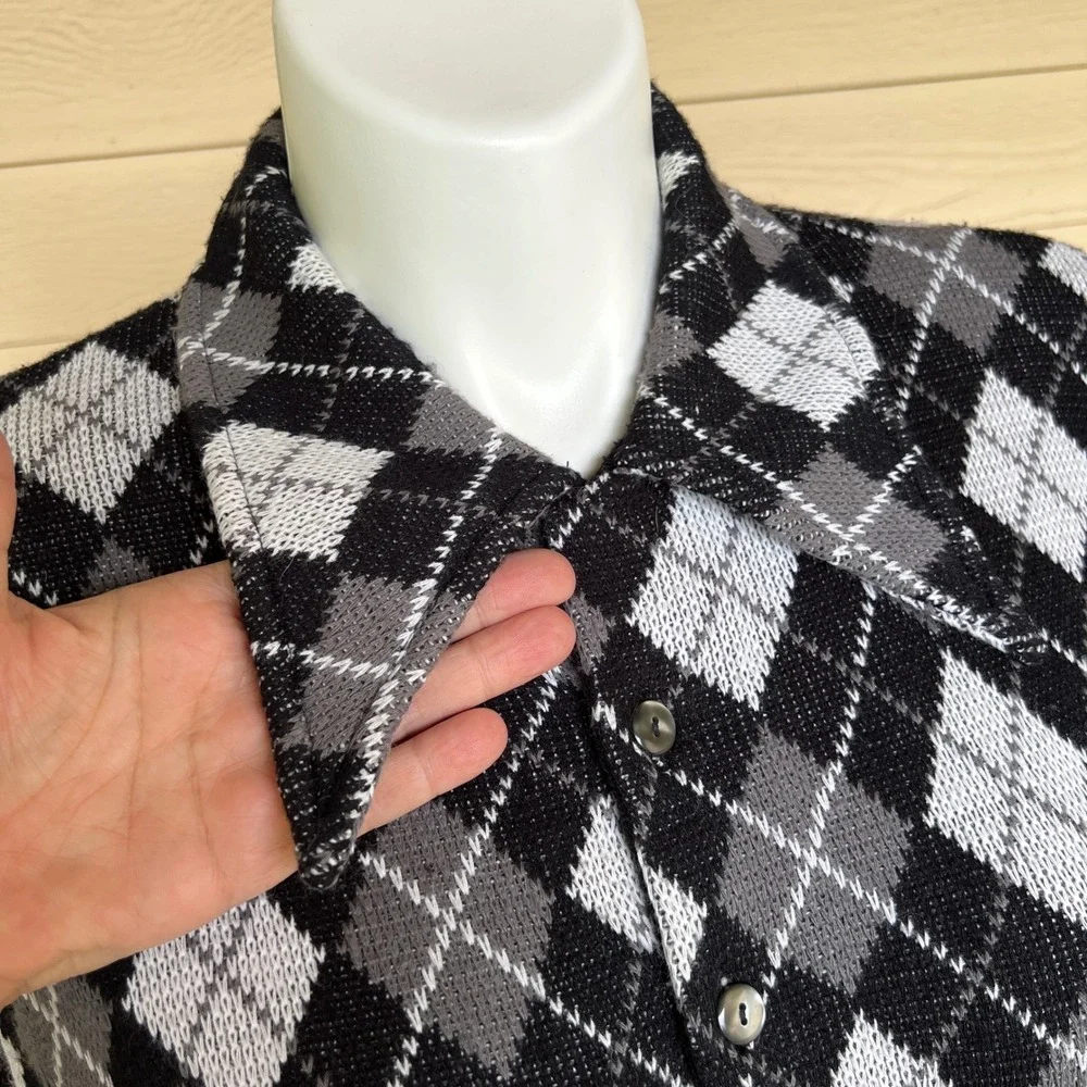 Vintage Don Loper Argyle Cardigan Dagger Collar Black White Gray